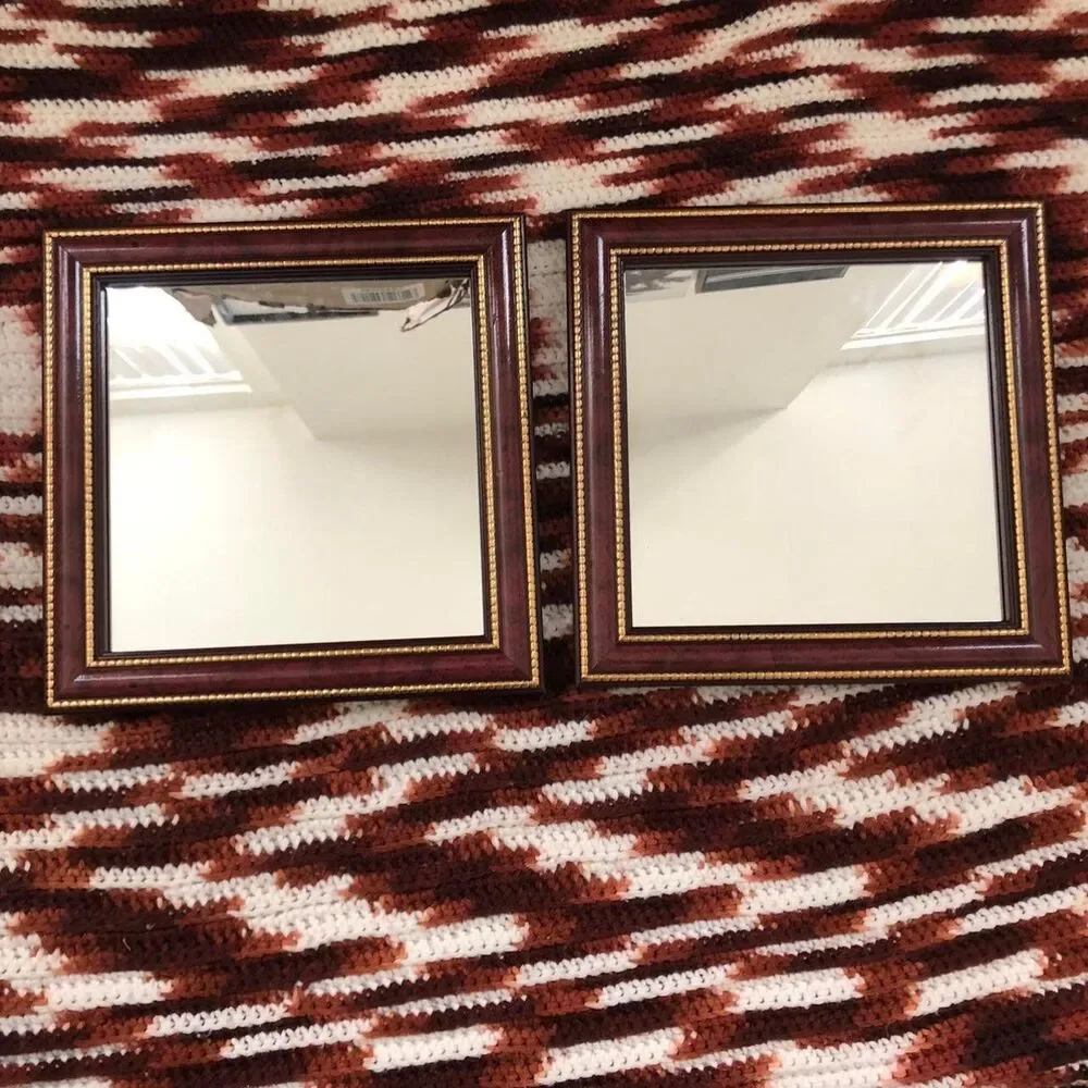 Retro Wood Framed Wall Hanging Mirror Gold Trim Set Bundle Lot-2 Square Diamond